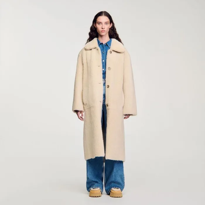 Coats and Trenches Women SANDRO Shearling Coat Ecru
