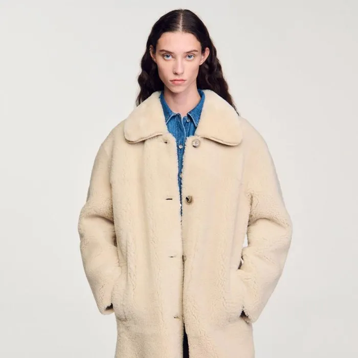 Coats and Trenches Women SANDRO Shearling Coat Ecru