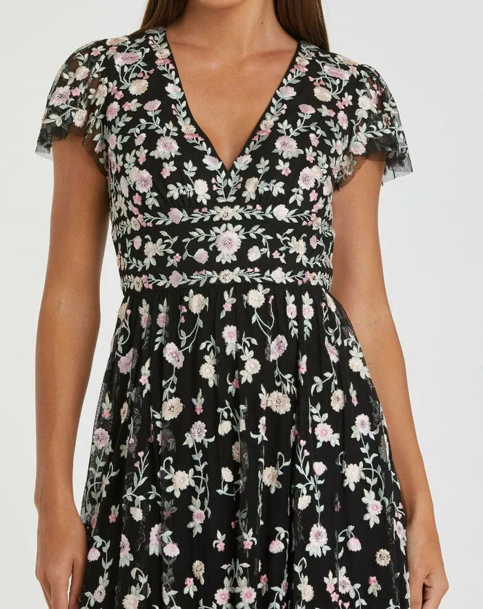 Cocktail Dresses Black Multicolor Embroidered V Neck Cap Sleeve Midi Dress Black Multi Mac Duggal Women