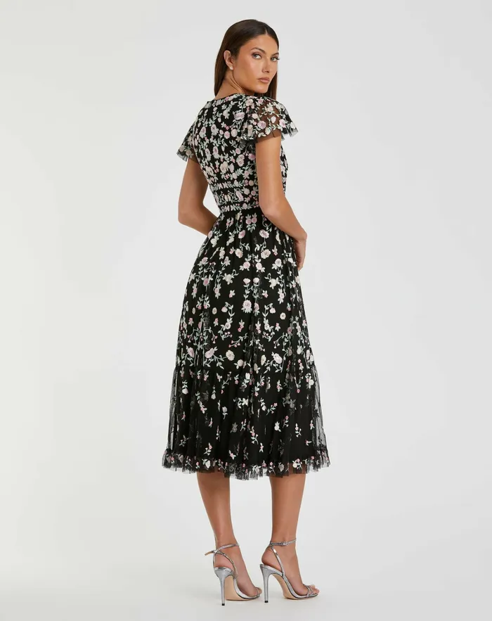 Cocktail Dresses Black Multicolor Embroidered V Neck Cap Sleeve Midi Dress Black Multi Mac Duggal Women