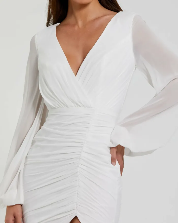 Cocktail Dresses Long Blouson Sleeve Ruched Mini Dress White 8211 Mac Duggal Women