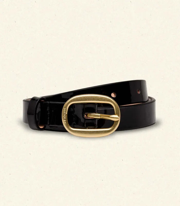 DEN Avi Slim Belt Black Patent Women Belts Hats and Gloves