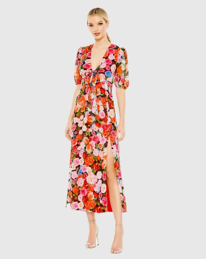 Daytime Dresses Mac Duggal Women Floral Print Front Tie Puff Sleeve Flowy Midi Dress Rose Multi Daytime Dresses Mac Duggal Women Floral Print Front Tie Puff Sleeve Flowy Midi Dress Rose Multi