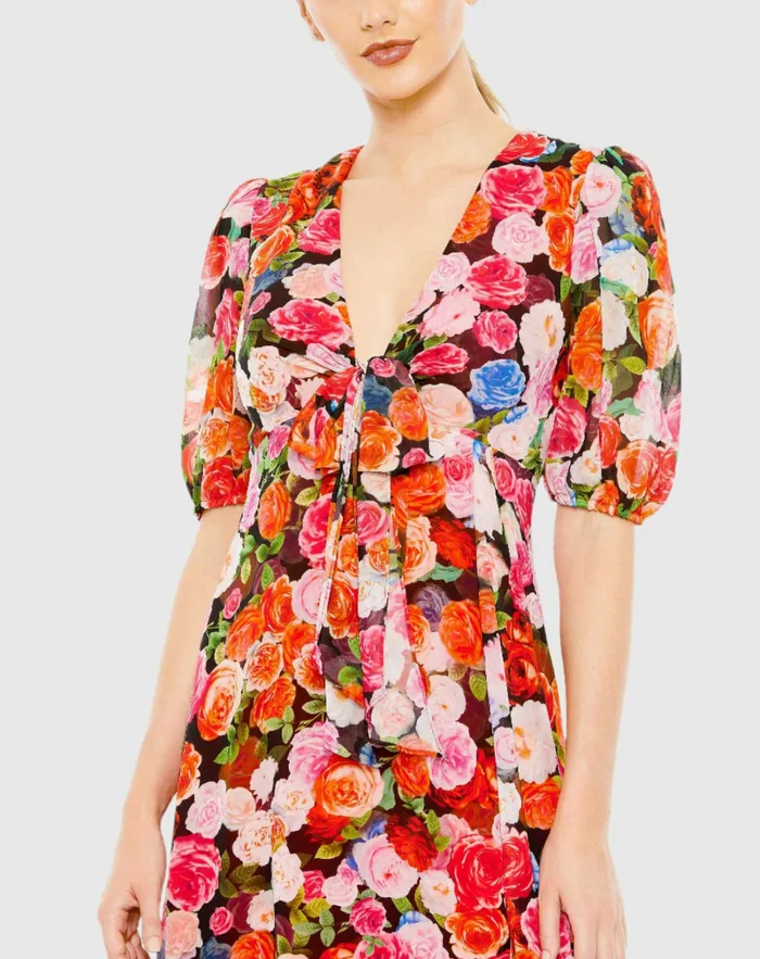 Daytime Dresses Mac Duggal Women Floral Print Front Tie Puff Sleeve Flowy Midi Dress Rose Multi