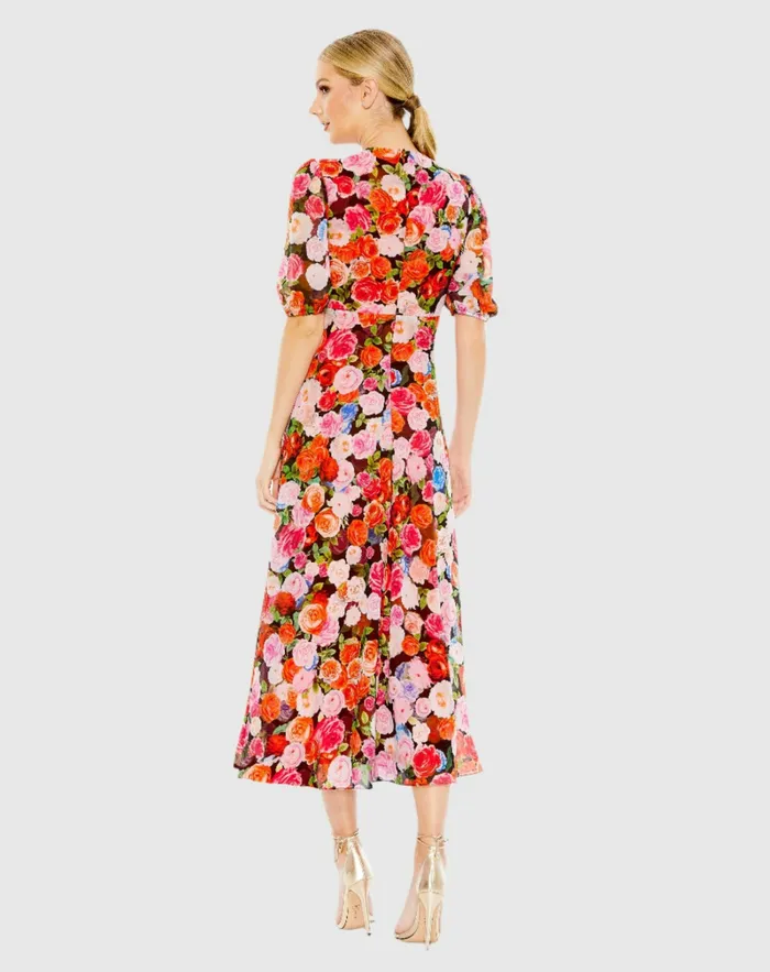 Daytime Dresses Mac Duggal Women Floral Print Front Tie Puff Sleeve Flowy Midi Dress Rose Multi