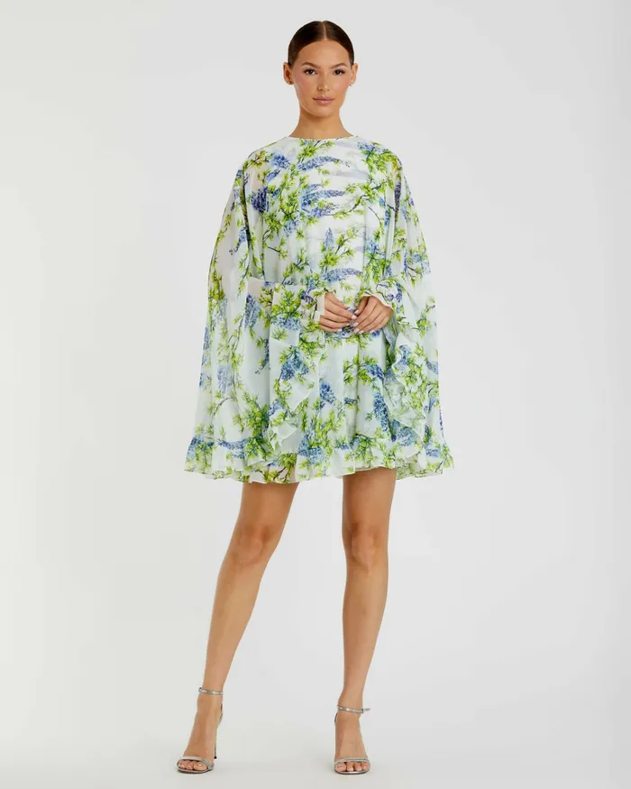 Daytime Dresses Women Floral Print High Neck Ruffle Hem Cape Mini Dress White Multi Mac Duggal Daytime Dresses Women Floral Print High Neck Ruffle Hem Cape Mini Dress White Multi Mac Duggal