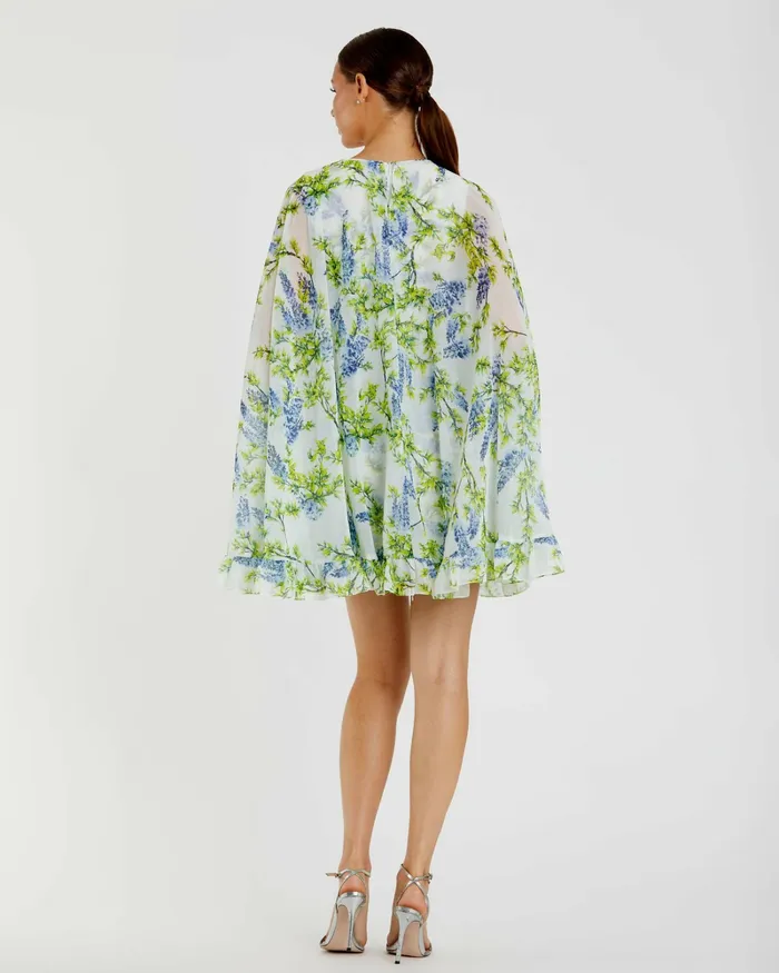 Daytime Dresses Women Floral Print High Neck Ruffle Hem Cape Mini Dress White Multi Mac Duggal