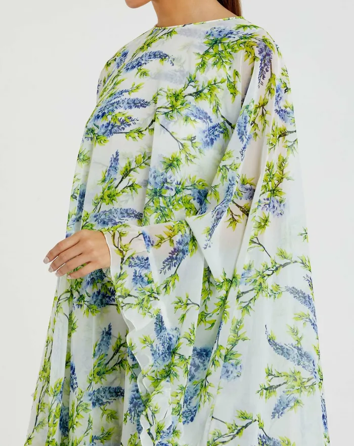 Daytime Dresses Women Floral Print High Neck Ruffle Hem Cape Mini Dress White Multi Mac Duggal