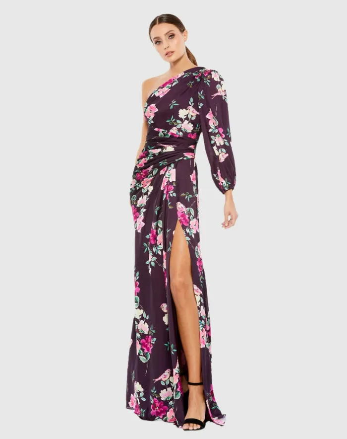 Daytime Dresses Women Plum Floral Print One Sleeve Gown Plum Floral Mac Duggal