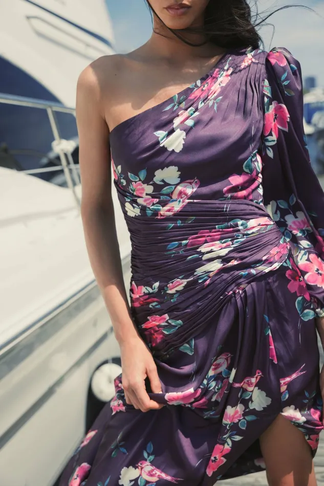 Daytime Dresses Women Plum Floral Print One Sleeve Gown Plum Floral Mac Duggal