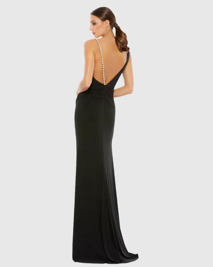 Evening Gowns Mac Duggal Women Faux Wrap Rhinestone Strap Gown Black
