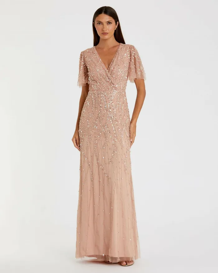 Evening Gowns Pink Embellished Flutter Sleeve Gown Nude 8211 Mac Duggal Women