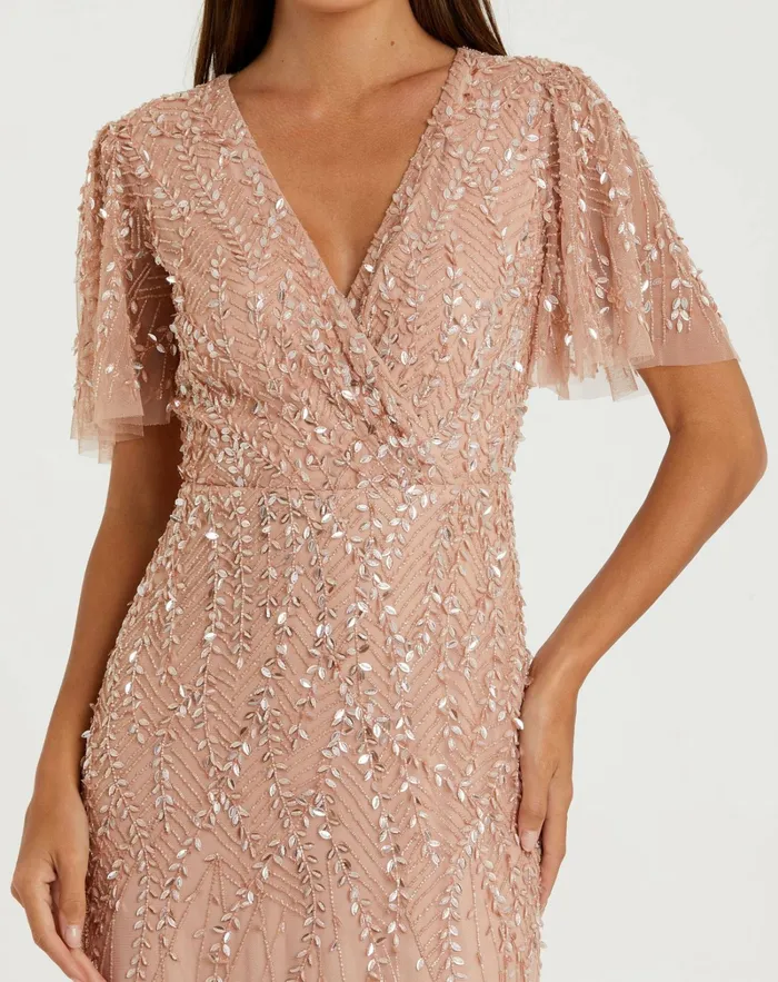 Evening Gowns Pink Embellished Flutter Sleeve Gown Nude 8211 Mac Duggal Women
