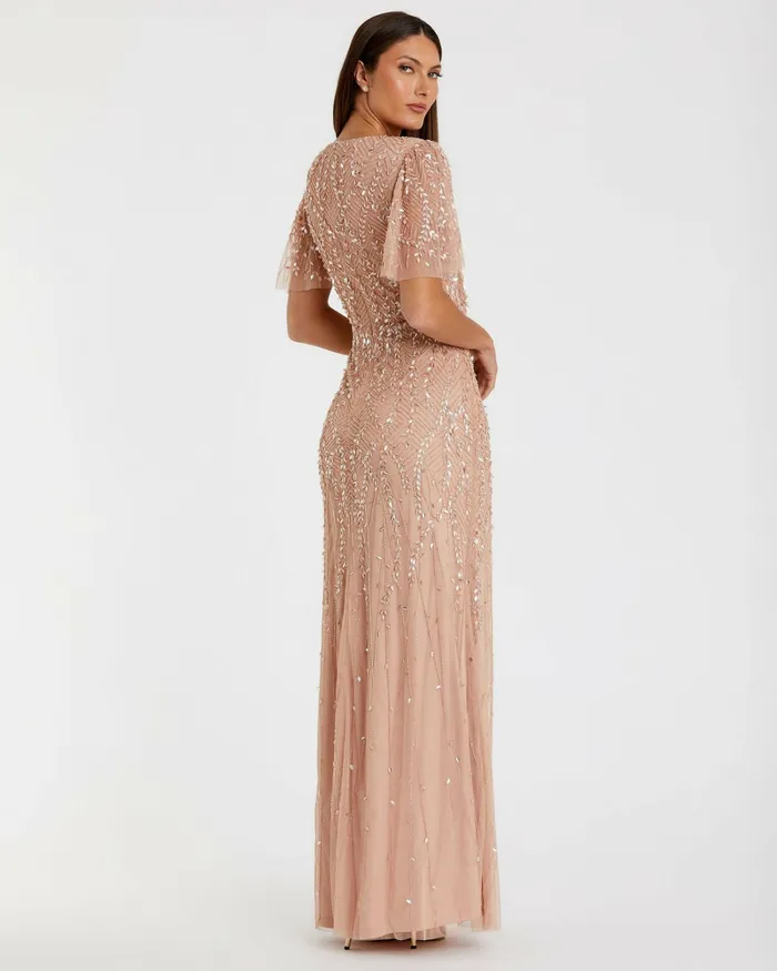 Evening Gowns Pink Embellished Flutter Sleeve Gown Nude 8211 Mac Duggal Women
