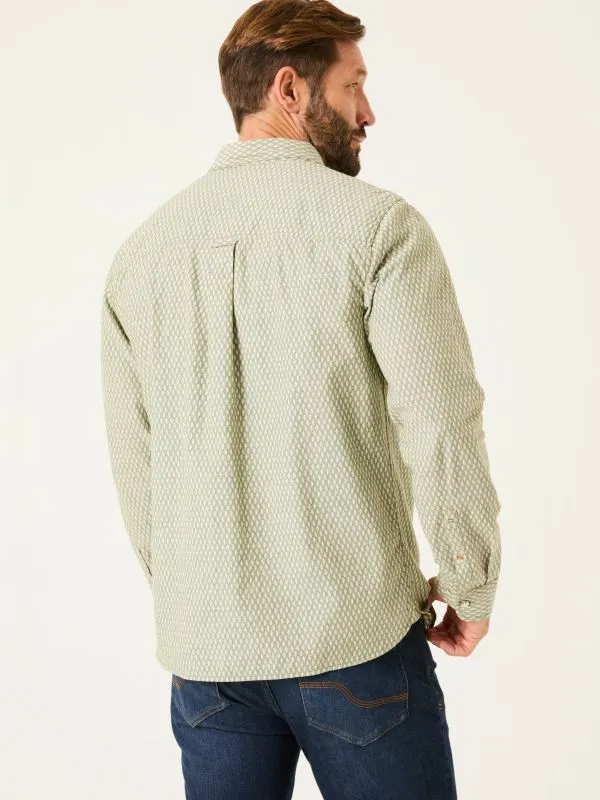 Fat Face Shirts Men Khaki Green 100 Cotton Geo Print Long Sleeve Shirt