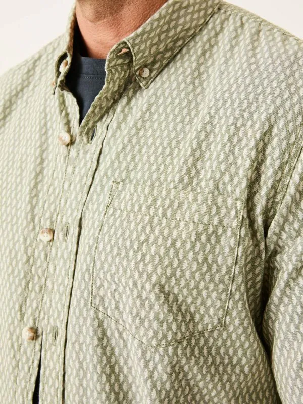 Fat Face Shirts Men Khaki Green 100 Cotton Geo Print Long Sleeve Shirt