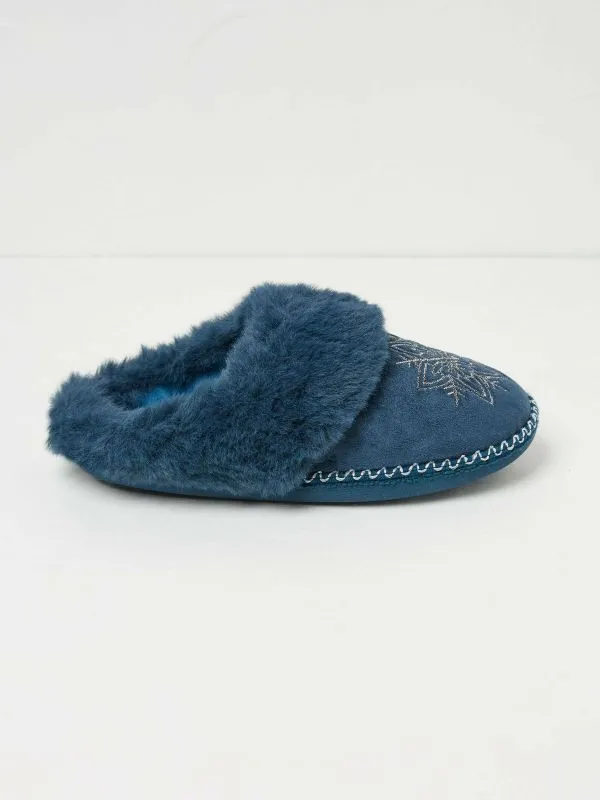 Fat Face Slippers Women Maia Dark Teal Blue Snowflake Mules