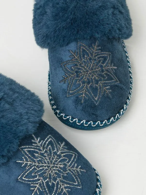 Fat Face Slippers Women Maia Dark Teal Blue Snowflake Mules