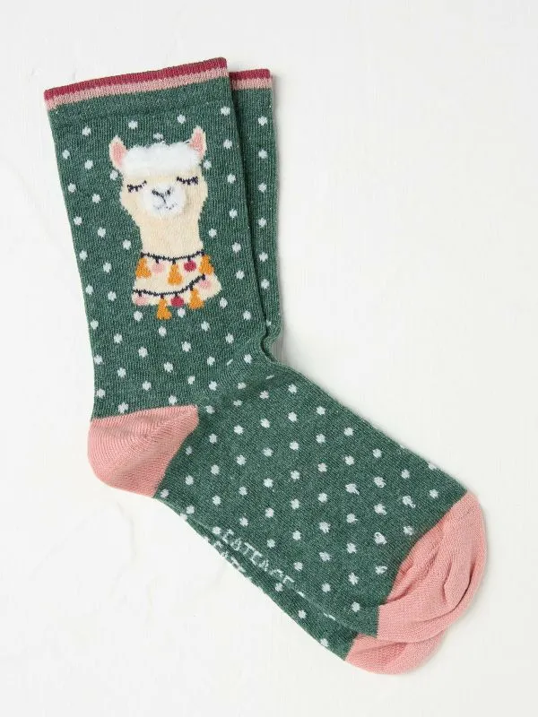 Fat Face Socks Women Green Khaki Fluffy Llama Socks