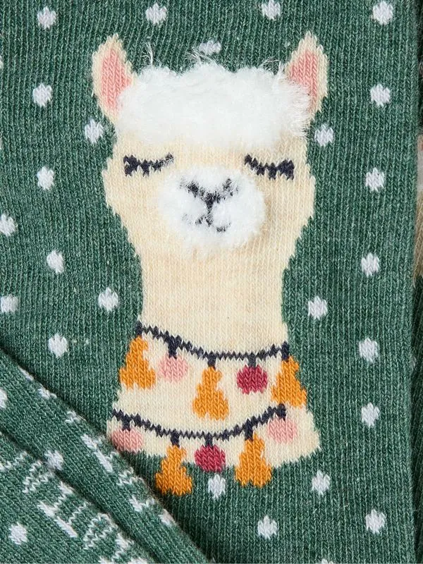 Fat Face Socks Women Green Khaki Fluffy Llama Socks
