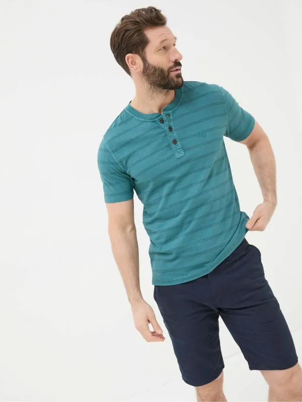Fat Face Tall Collection Men Blue Short Sleeve Stripe Henley TShirt