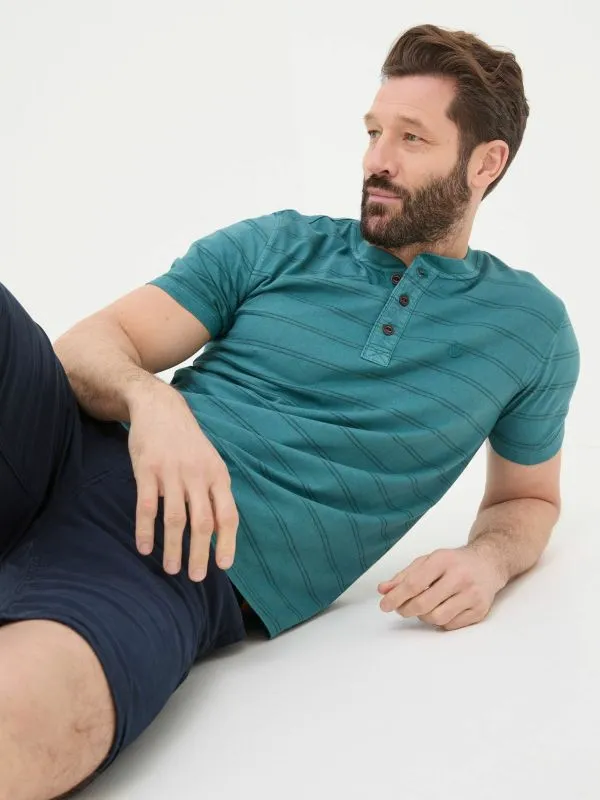 Fat Face Tall Collection Men Blue Short Sleeve Stripe Henley TShirt