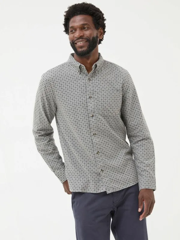 Fat Face Tall Collection Men Light Grey Long Sleeve Geo Print 100 Cotton Shirt