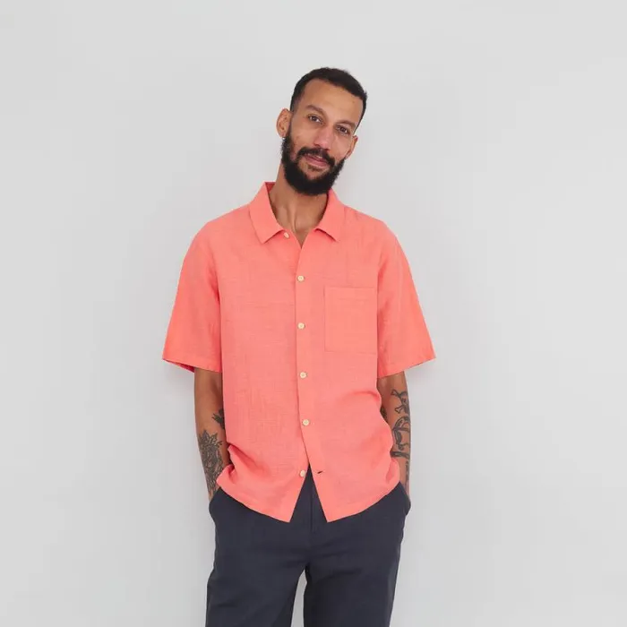 Folk Clothing Shirts Gabe Shirt 8211 Coral Linen Grid 8211 Mens