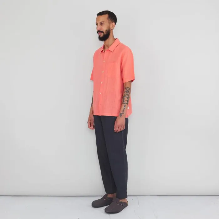 Folk Clothing Shirts Gabe Shirt 8211 Coral Linen Grid 8211 Mens