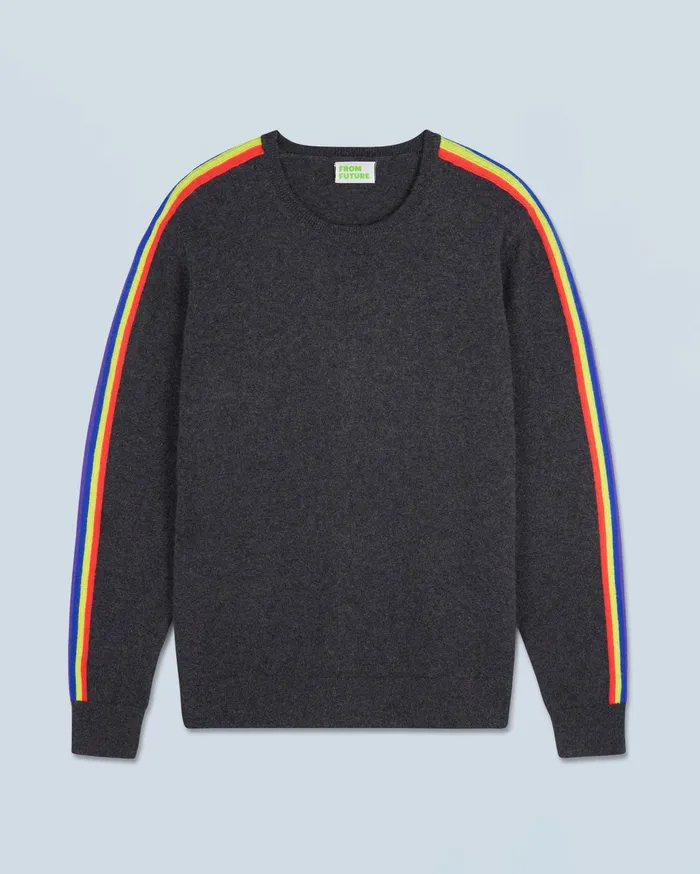 From Future Cashmere Sweaters Men Crewneck Sweater With Multicolor Sleeve Stripes Charcoal H
