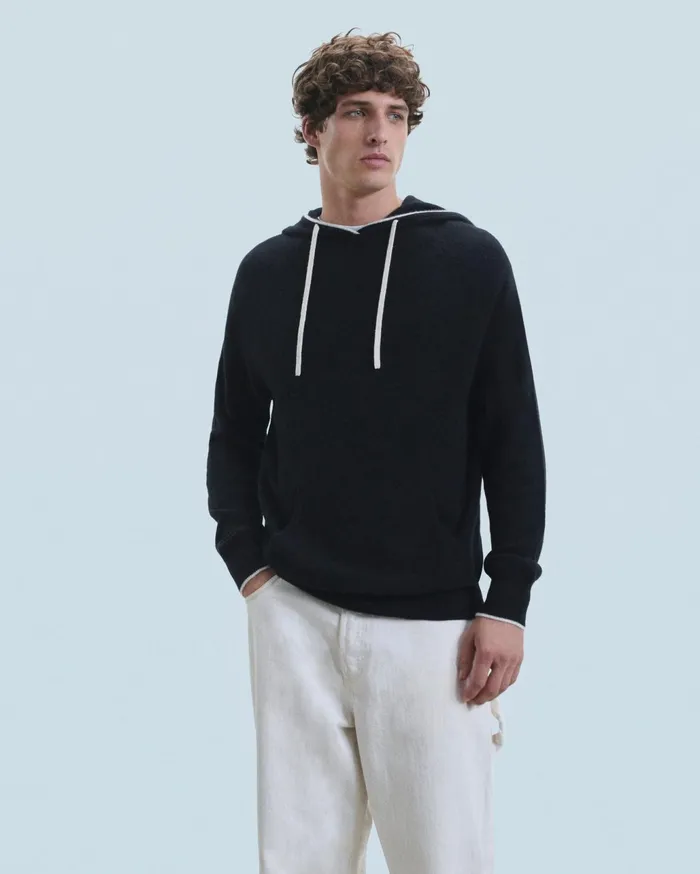 From Future Cashmere Sweaters Men Lightweight Contrast Trim Hoodie Sweater Black