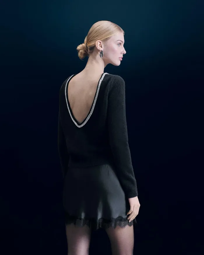 From Future Cashmere Sweaters Women Crewneck Rhinestone Backless Sweater Black