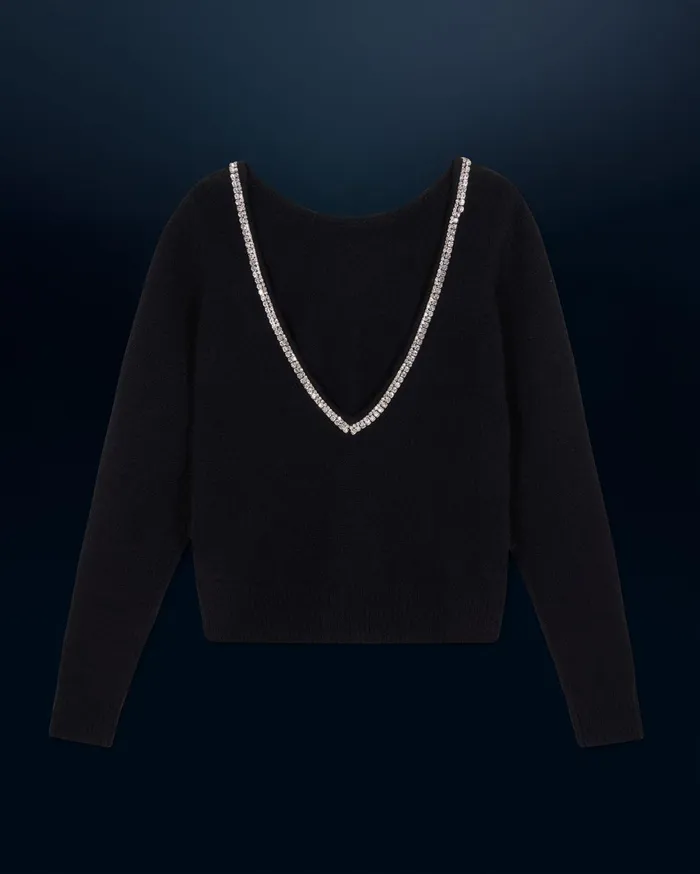 From Future Cashmere Sweaters Women Crewneck Rhinestone Backless Sweater Black