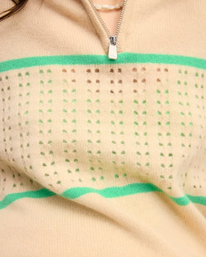 From Future Cashmere Sweaters Women Crochet Quarter Zip Neck Sweater Light Beige