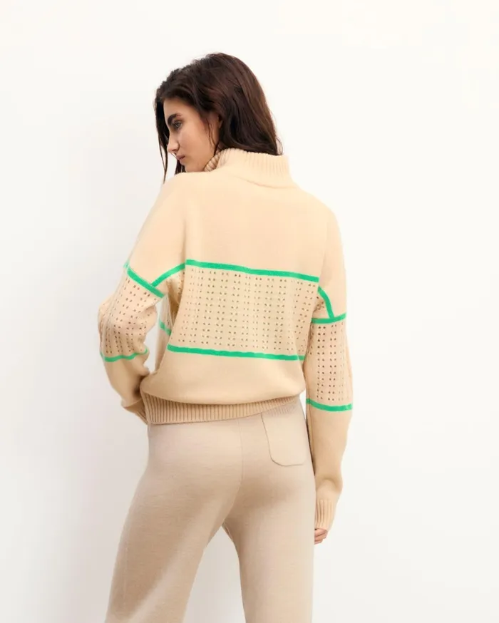 From Future Cashmere Sweaters Women Crochet Quarter Zip Neck Sweater Light Beige