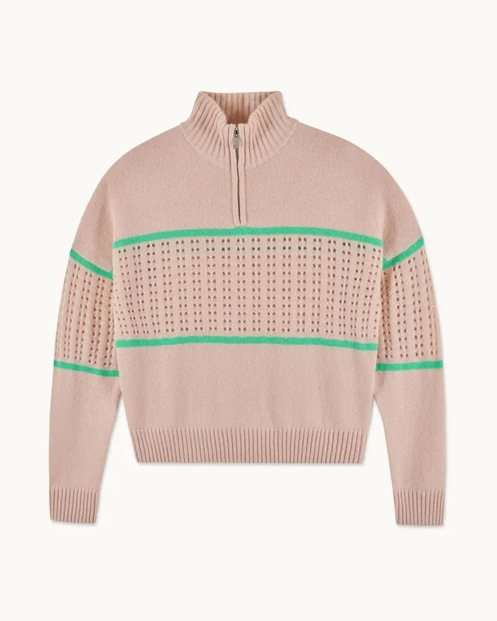 From Future Cashmere Sweaters Women Crochet Quarter Zip Neck Sweater Light Beige