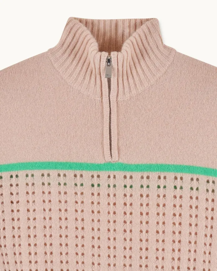 From Future Cashmere Sweaters Women Crochet Quarter Zip Neck Sweater Light Beige