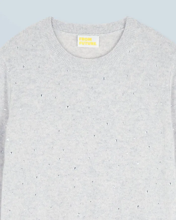 From Future Cashmere Sweaters Women Lightweight Allover Rhinestone Crewneck Sweater Light Heather Gray