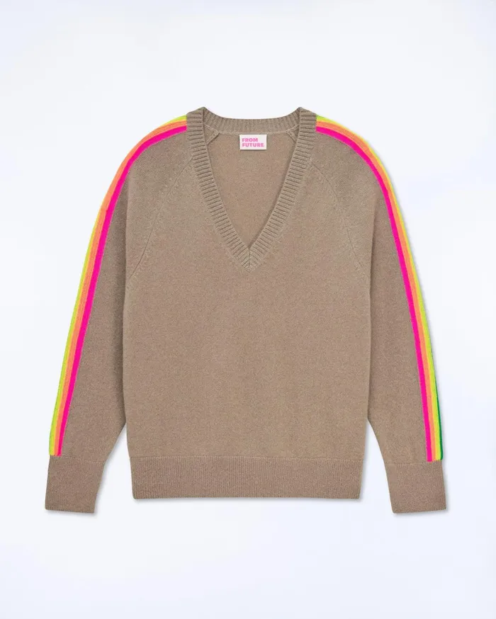 From Future Cashmere Sweaters Women Oversized VNeck Sweater With Multico Sleeves Tropical Taupe