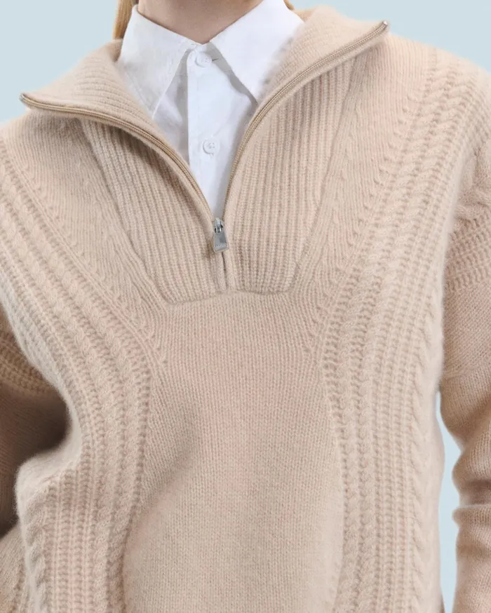 From Future Cashmere Sweaters Women Quarter Zip Neck Sweater With Twisted Details Beige