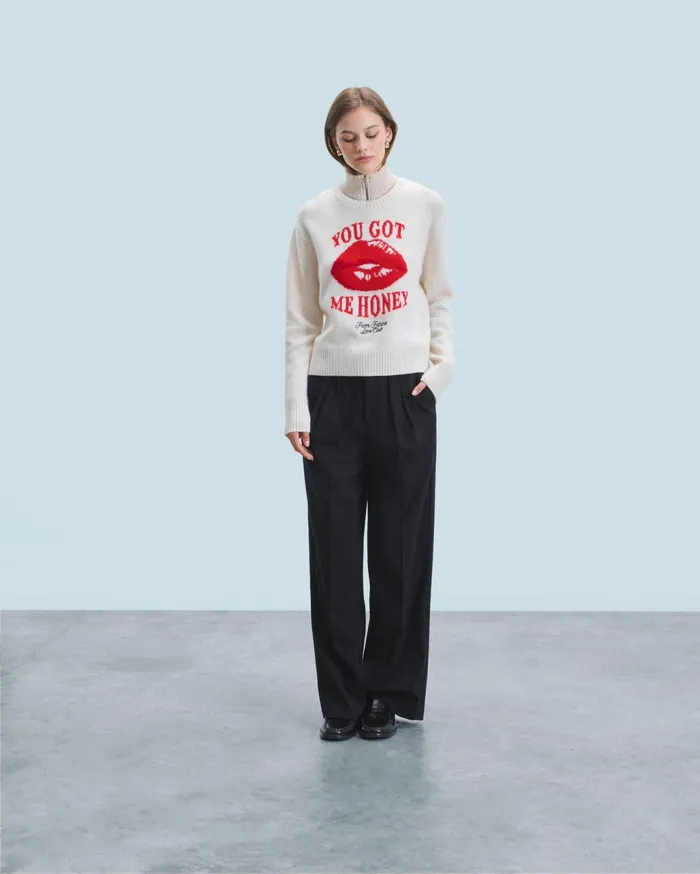 From Future Cashmere Sweaters Women Red Lips Crewneck Sweater White