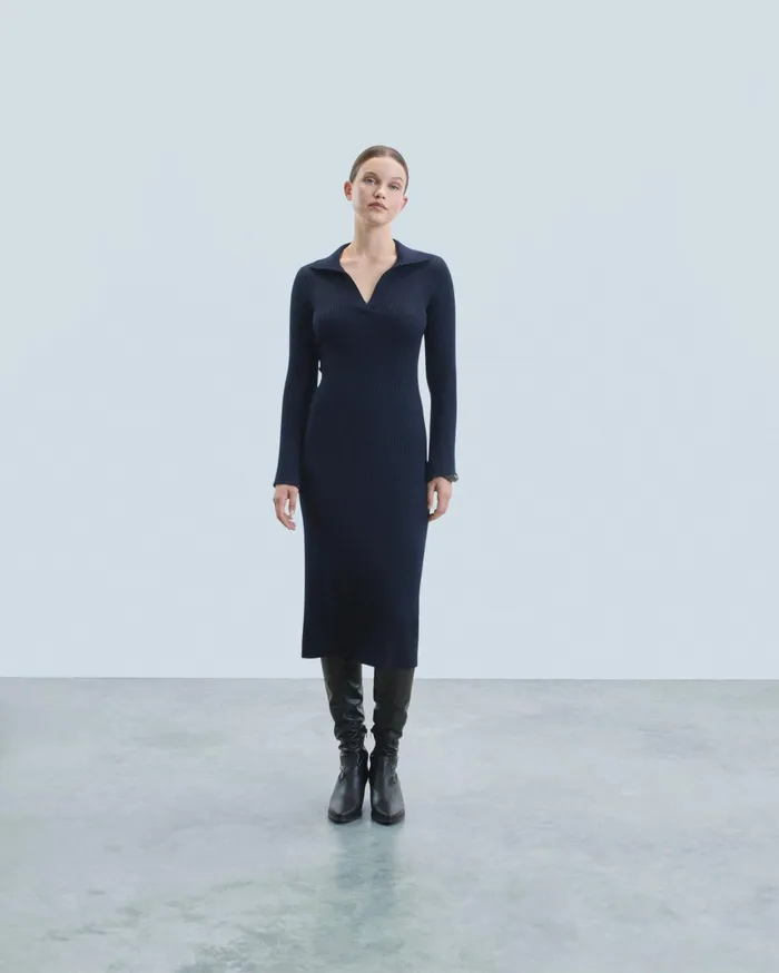 From Future Dresses and Jumpsuits Women Long Dress With Long Sleeves And Polo Collar Navy