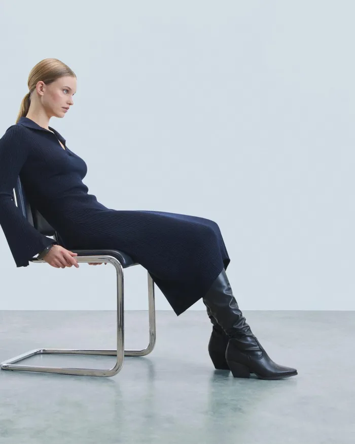 From Future Dresses and Jumpsuits Women Long Dress With Long Sleeves And Polo Collar Navy