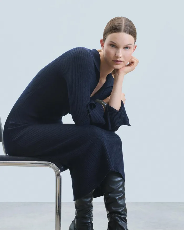 From Future Dresses and Jumpsuits Women Long Dress With Long Sleeves And Polo Collar Navy