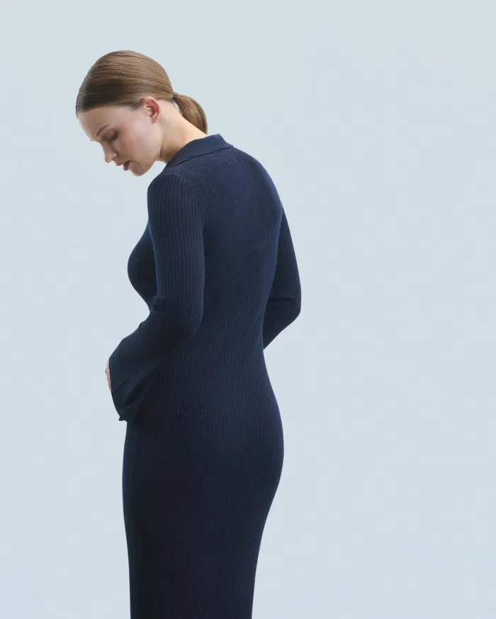 From Future Dresses and Jumpsuits Women Long Dress With Long Sleeves And Polo Collar Navy