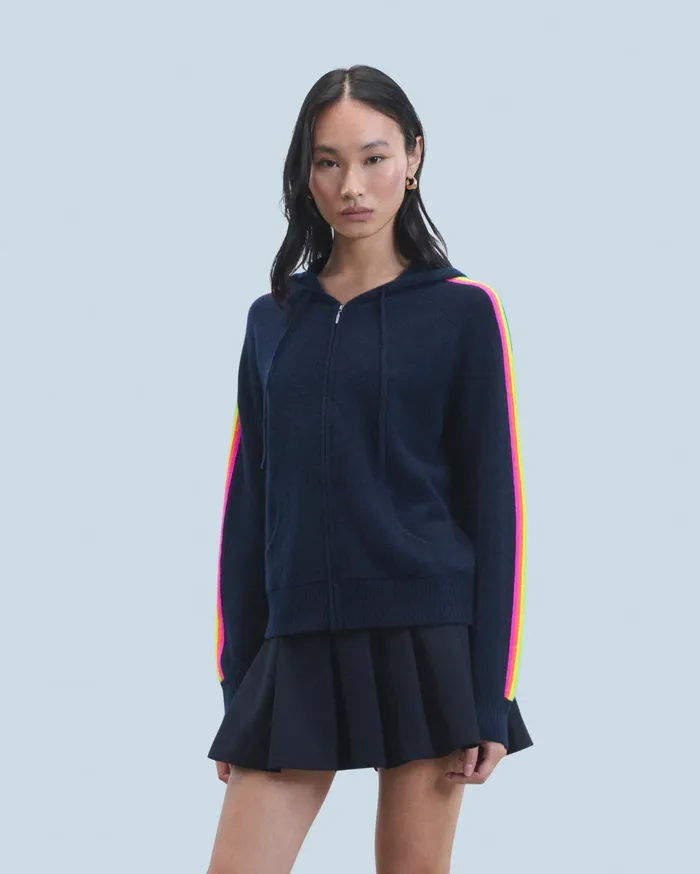 From Future Hoodies Women Lightweight Hoodie With Multicolor Sleeve Stripes Navy