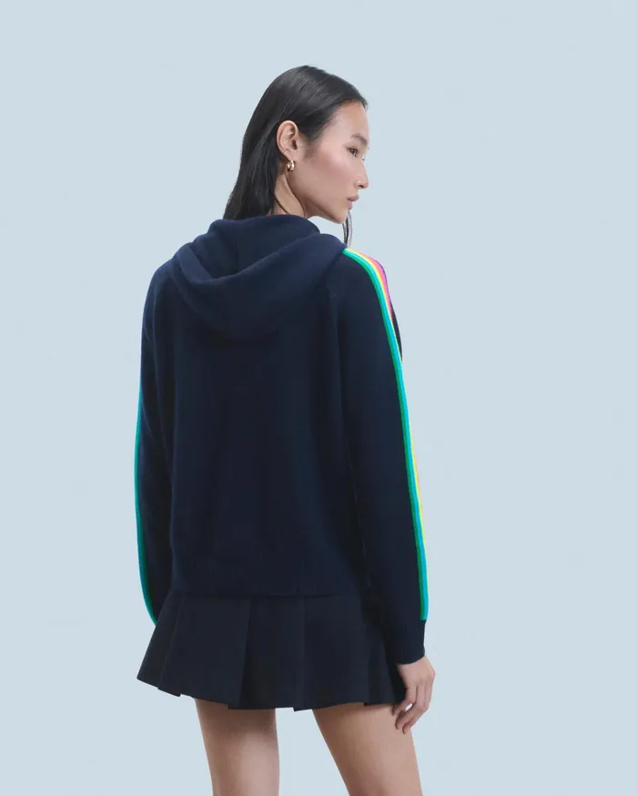 From Future Hoodies Women Lightweight Hoodie With Multicolor Sleeve Stripes Navy