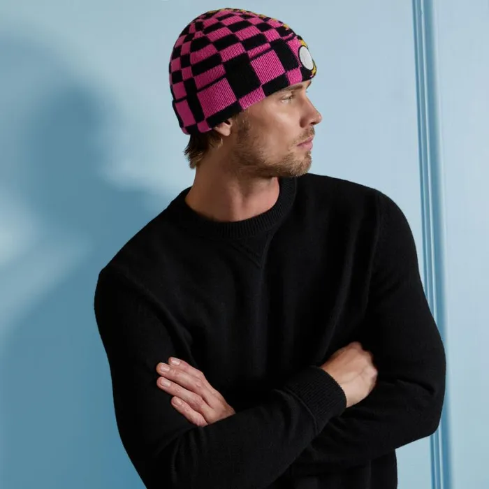 GFORE Hats MenWomen LTD RELEASE DISTORTED CHECK MERINO WOOL BEANIE Cyberknockout Pink