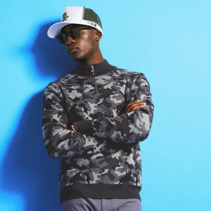 GFORE Sweaters Men CAMO JACQUARD MERINO WOOL QUARTER ZIP SWEATER Charcoal Camo
