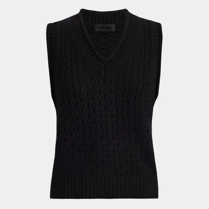GFORE Sweaters Women POINTELLE STITCH WOOL CASHMERE V NECK VEST Onyx